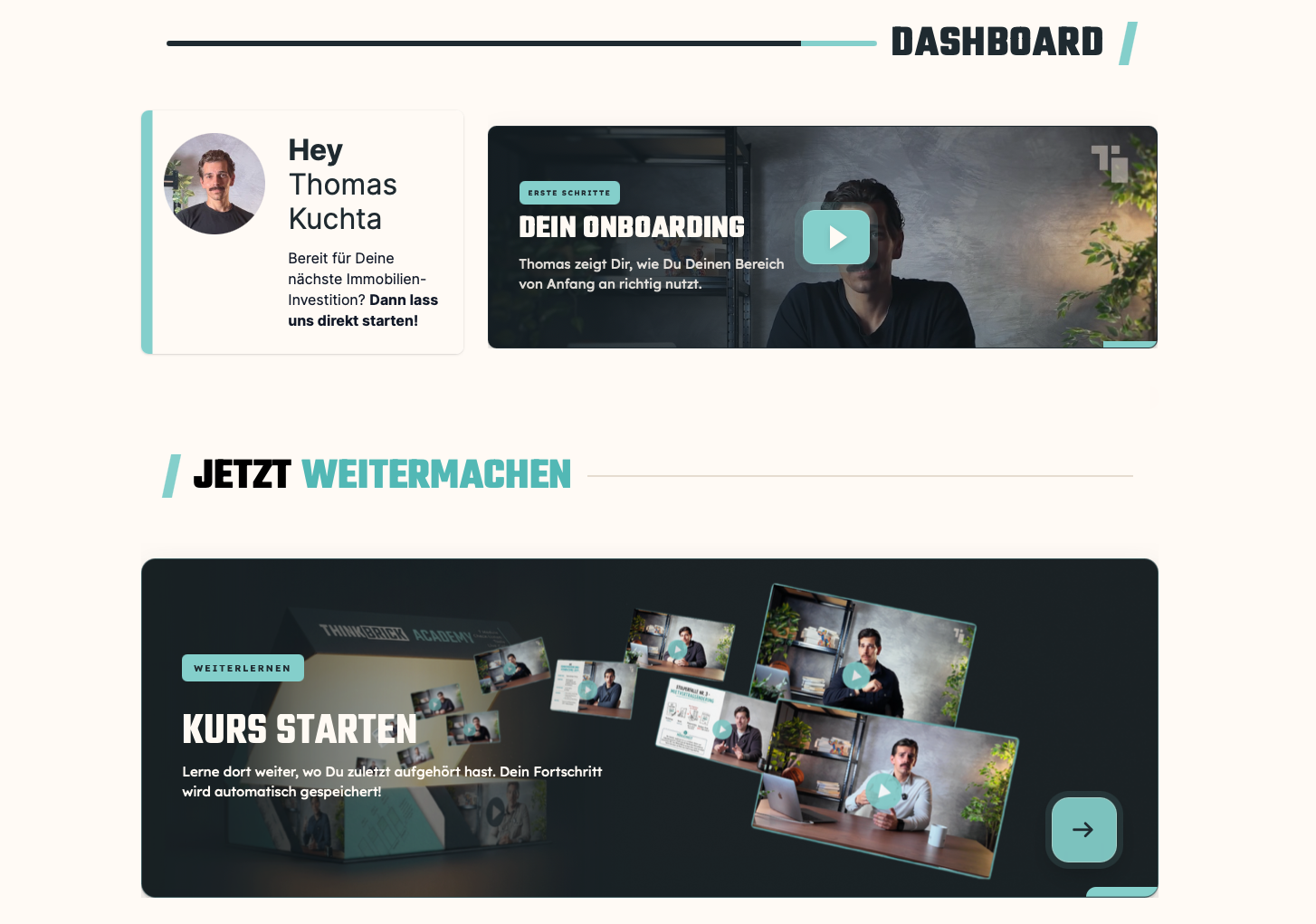 Dashboard der ThinkBRICK Lernplattform mit Onboarding und Kursfortschritt